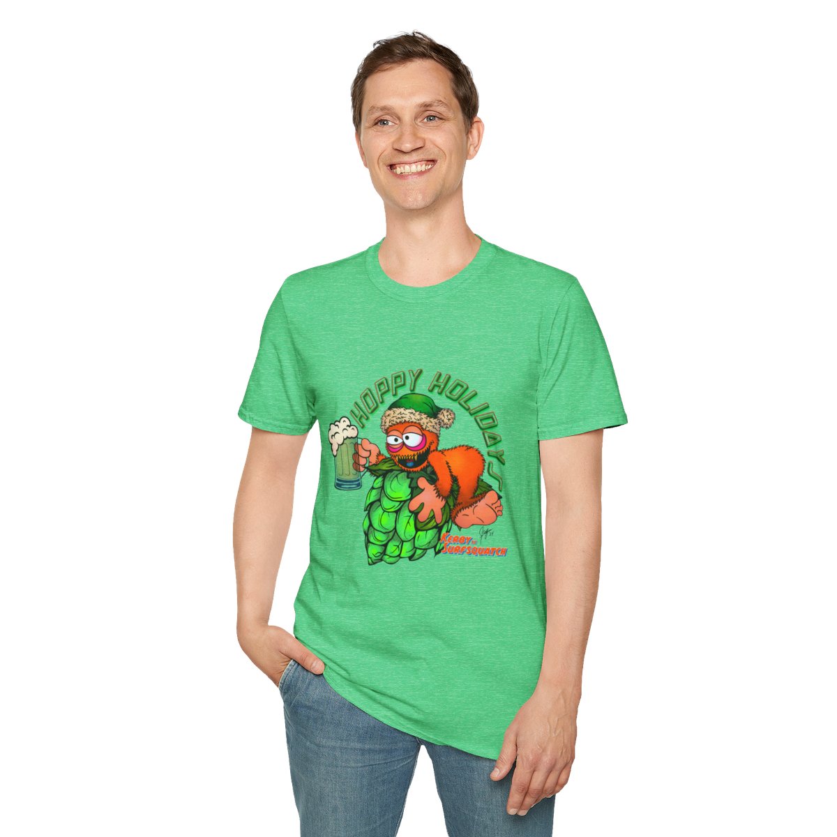 Kerby the Surfsquatch - Hoppy Holidays - Unisex Heavy Cotton Tee